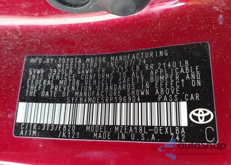 2024 Toyota Corolla Le из США, поврежденный, VIN 5YFB4MDE5RP196904